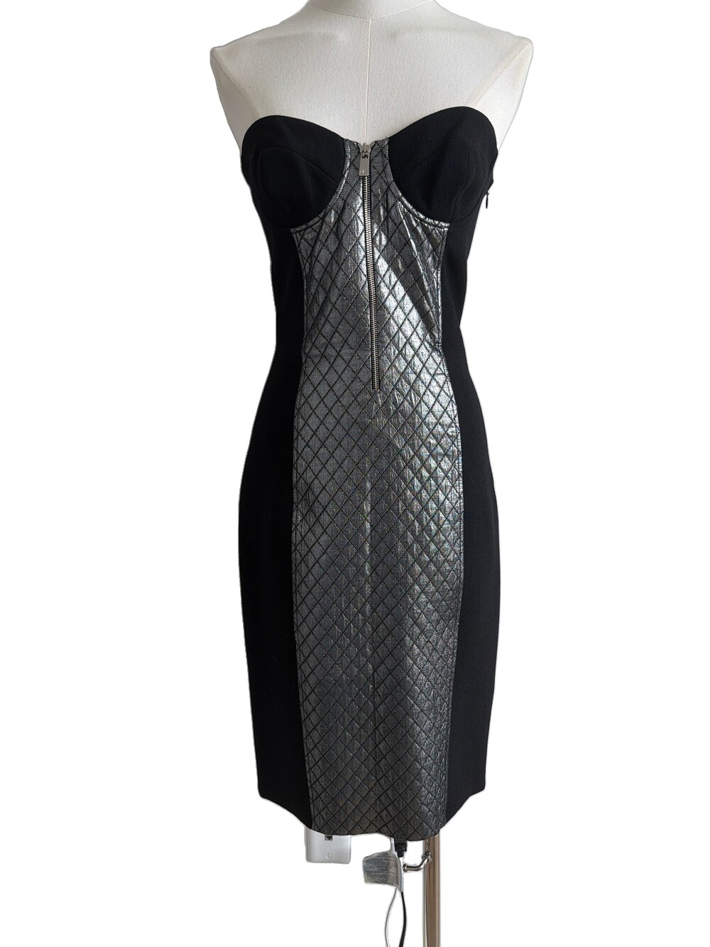 Michael Kors Strapless Black Dress Silver Quilted Front Panel Size 6